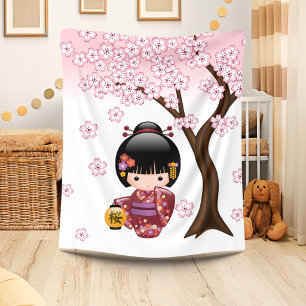 Sakura Kokeshi Doll - Cute Japanese Geisha Girl Fleece Blanket