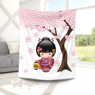 Sakura Kokeshi Doll - Cute Japanese Geisha Girl Fleece Blanket