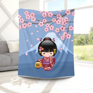 Sakura Kokeshi Doll - Cute Japanese Geisha Girl Fleece Blanket