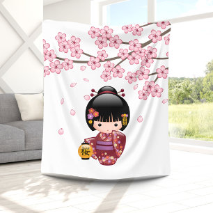 Sakura Kokeshi Doll - Cute Japanese Geisha Girl Fleece Blanket