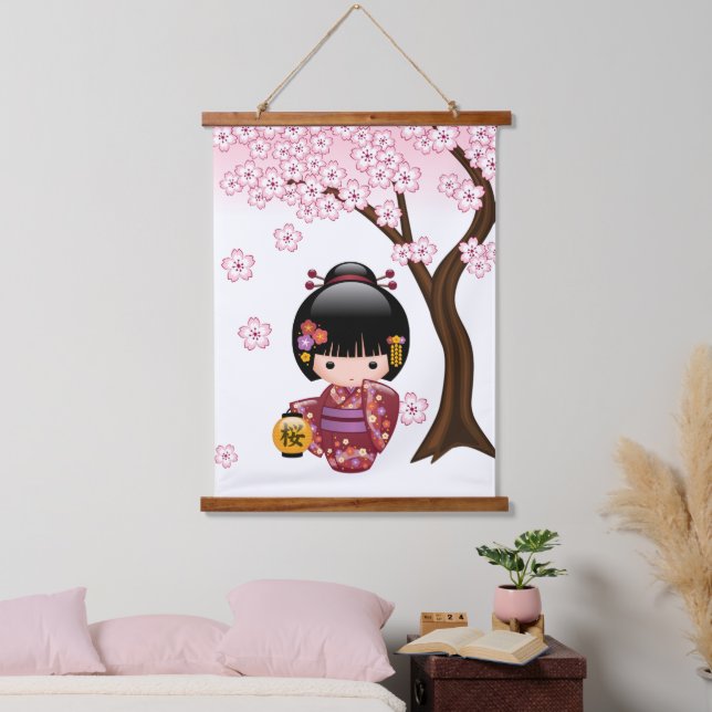 Sakura Kokeshi Doll - Cute Japanese Geisha Girl Hanging Tapestry (Bedroom)