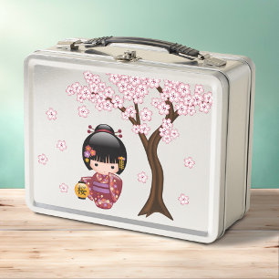 Sakura Kokeshi Doll - Cute Japanese Geisha Girl Metal Lunch Box
