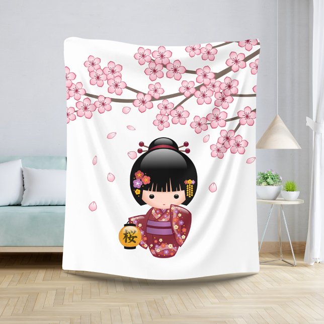 Sakura Kokeshi Doll - Cute Japanese Geisha Girl Sherpa Blanket (Creator Uploaded)