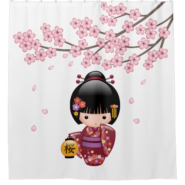 Sakura Kokeshi Doll Geisha Girl Cherry Blossom Shower Curtain (Front)