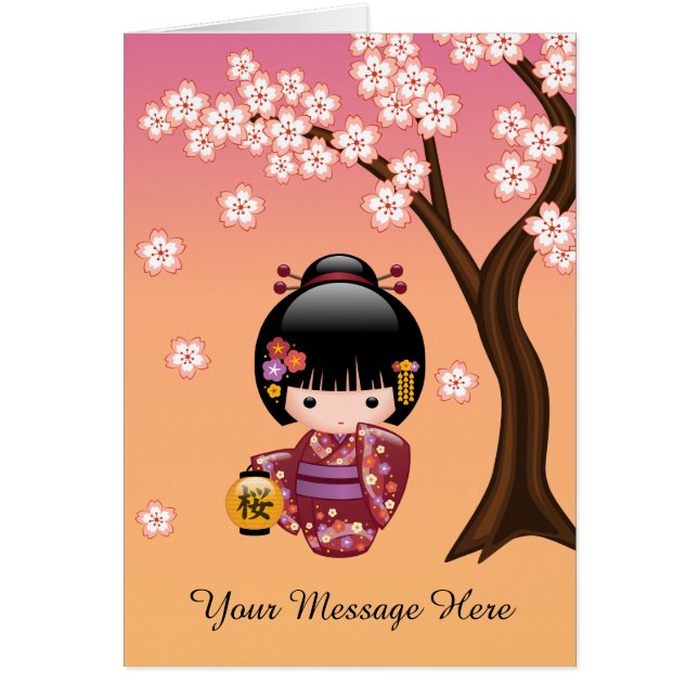 Sakura Kokeshi Doll - Geisha Girl on Peach (Front)