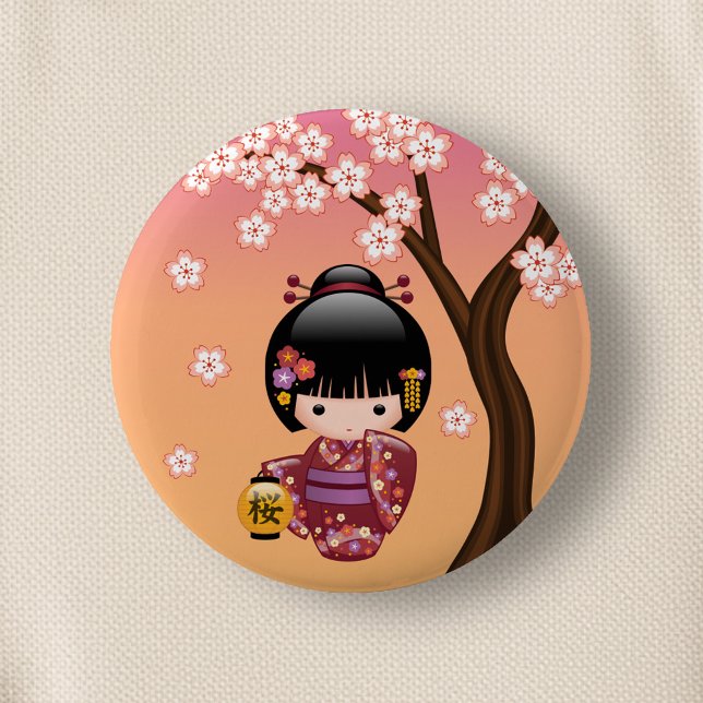 Sakura Kokeshi Doll - Geisha Girl on Peach 6 Cm Round Badge (Creator Uploaded)