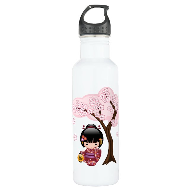 Sakura Kokeshi Doll - Geisha Girl on Peach 710 Ml Water Bottle (Front)