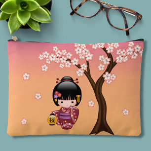 Sakura Kokeshi Doll - Geisha Girl on Peach Accessory Pouch