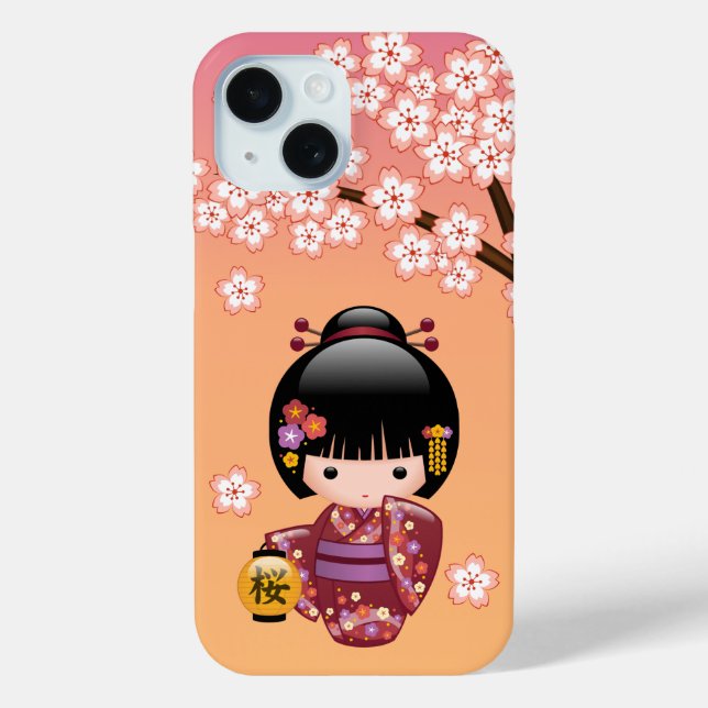 Sakura Kokeshi Doll - Geisha Girl on Peach Case-Mate iPhone Case (Back)