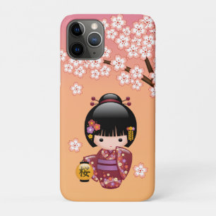 Sakura Kokeshi Doll - Geisha Girl on Peach Case-Mate iPhone Case