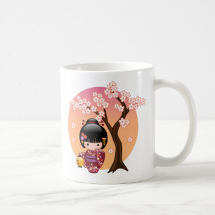 Sakura Kokeshi Doll - Geisha Girl on Peach Coffee Mug