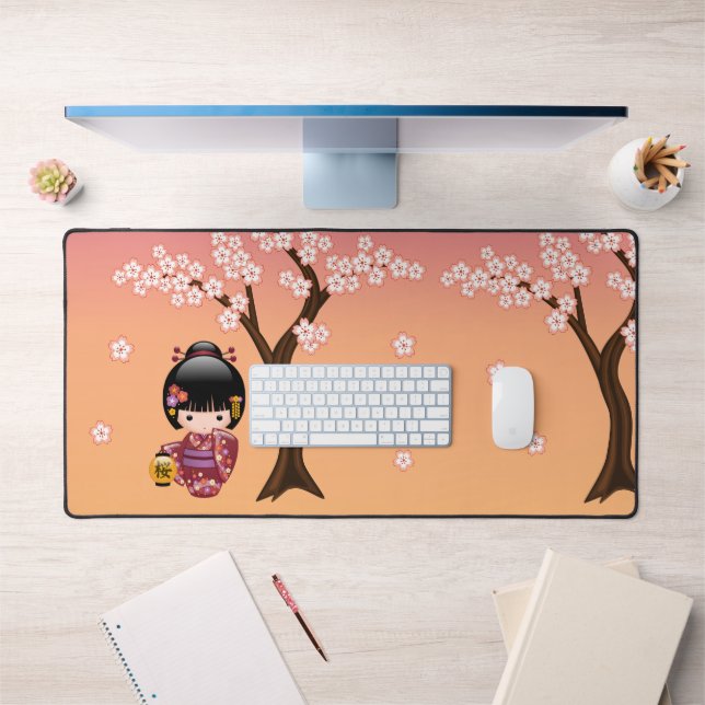 Sakura Kokeshi Doll - Geisha Girl on Peach Desk Mat (Office 1)