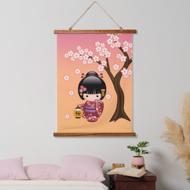 Sakura Kokeshi Doll - Geisha Girl on Peach Hanging Tapestry (Bedroom)