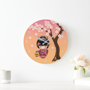 Sakura Kokeshi Doll - Geisha Girl on Peach Large C Clock