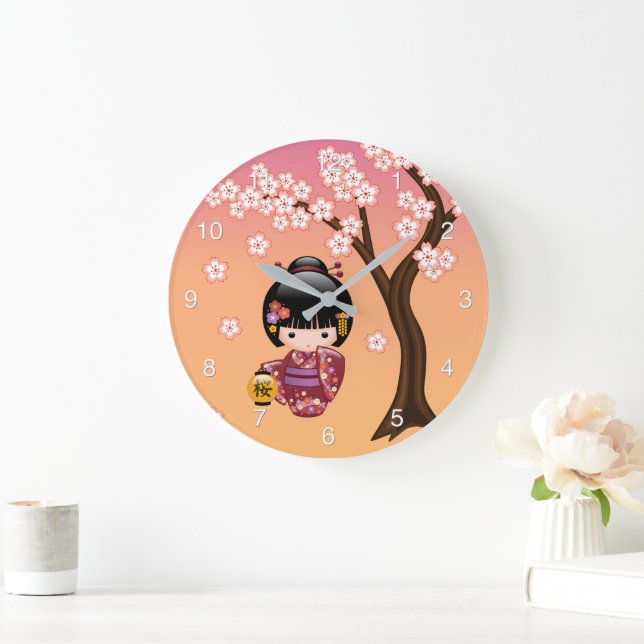 Sakura Kokeshi Doll - Geisha Girl on Peach Large C Clock (Home)