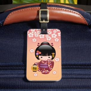 Sakura Kokeshi Doll - Geisha Girl on Peach Luggage Tag