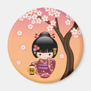 Sakura Kokeshi Doll - Geisha Girl on Peach Magnet