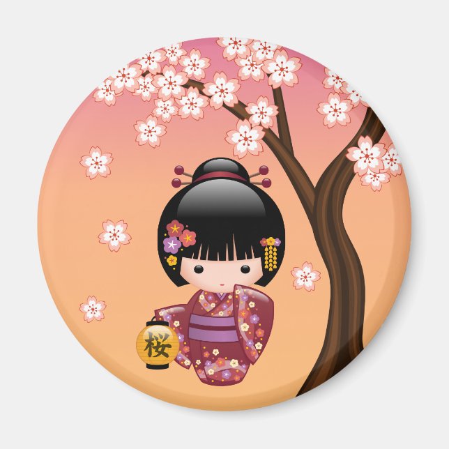 Sakura Kokeshi Doll - Geisha Girl on Peach Magnet (Front)