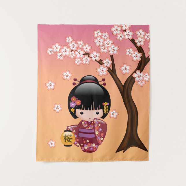 Sakura Kokeshi Doll - Geisha Girl on Peach Tapestry (Front)
