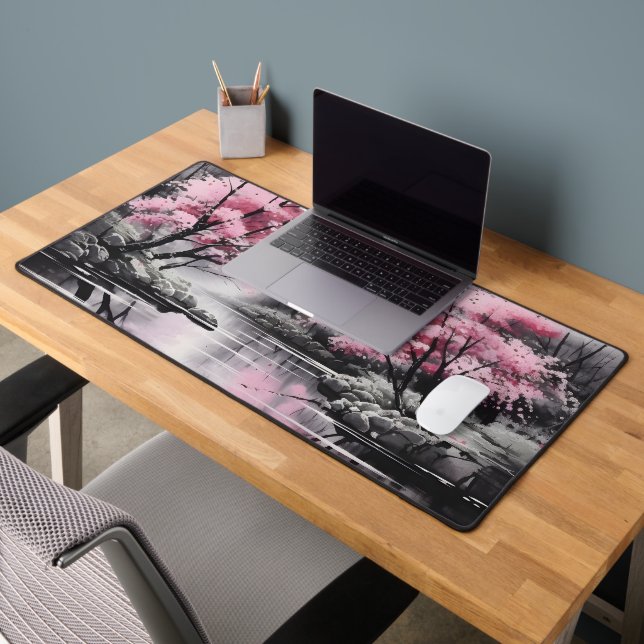 Sakura over River Ink Painting Desk Mat (Office 2)