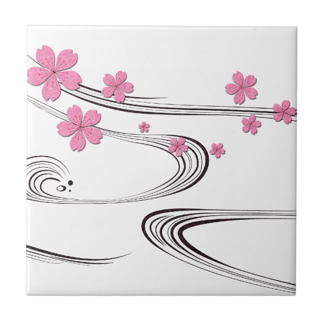 Sakura over river - Japanese Design Tile (Front)