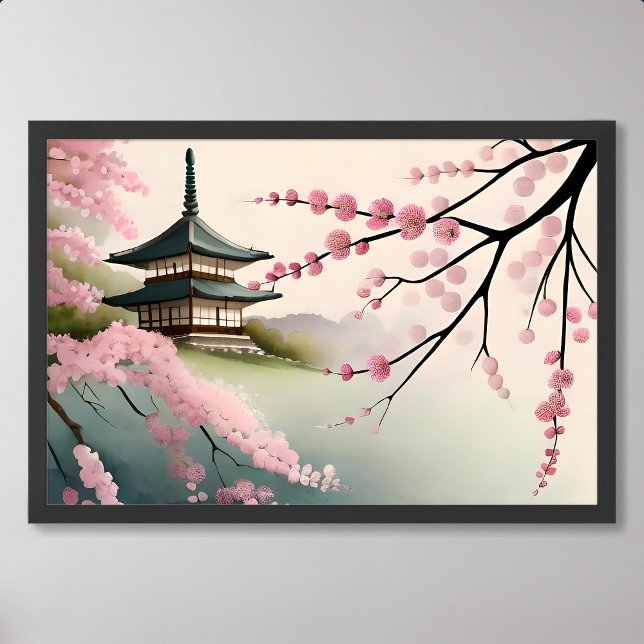 sakura painting pink japan pagoda building foggy poster (sakura painting pink japan pagoda building foggy)