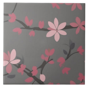 Sakura Pink - Japanese Floral Flowers on Dark Grey Tile