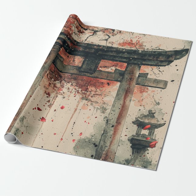 Sakura Torii Ink Wash Art Wrapping Paper (Unrolled)
