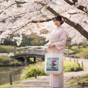 Sakura Tree Mountain Lake Tote Bag Japanese Cher