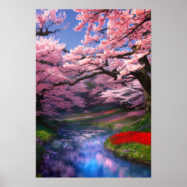 Sakura Trees Embrace the Calm Stream Poster (Front)