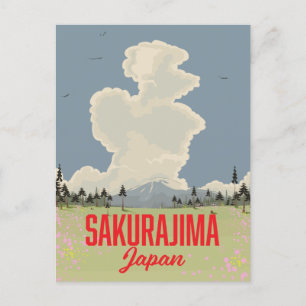 Sakurajima Japan retro travel poster. Invitation Postcard