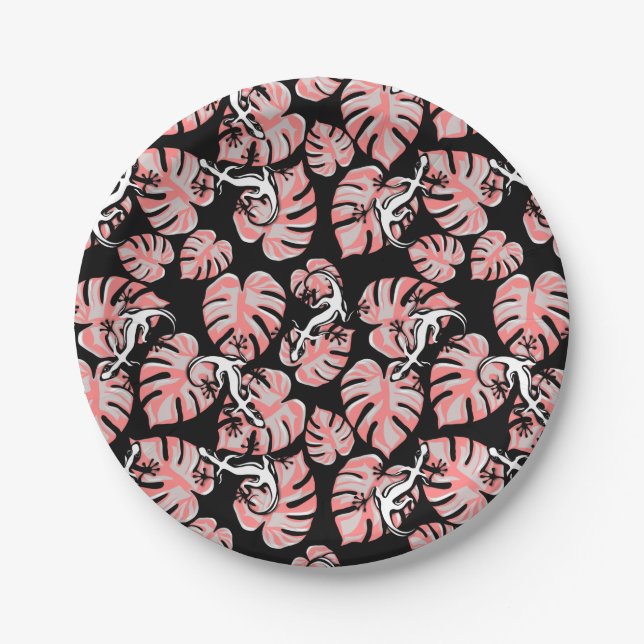 Salamander And Pink Leaves Repeating Pattern Paper Plate (Front)