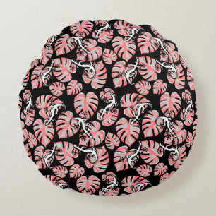 Salamander And Pink Leaves Repeating Pattern Round Cushion