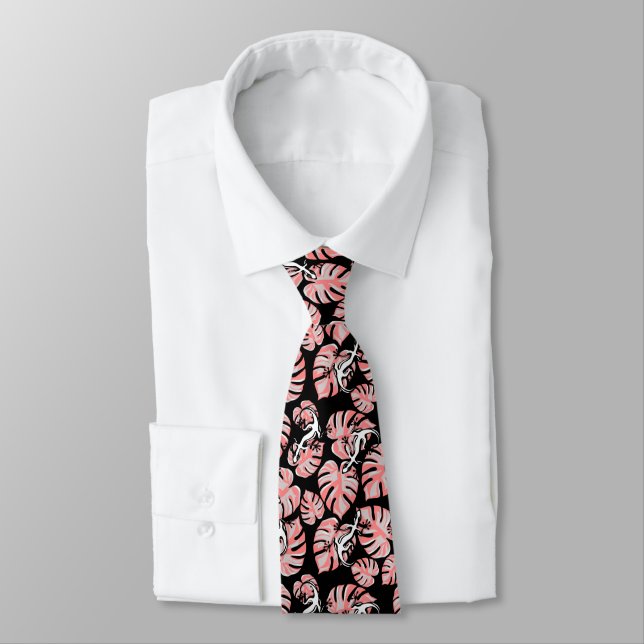 Salamander And Pink Leaves Repeating Pattern Tie (Tied)