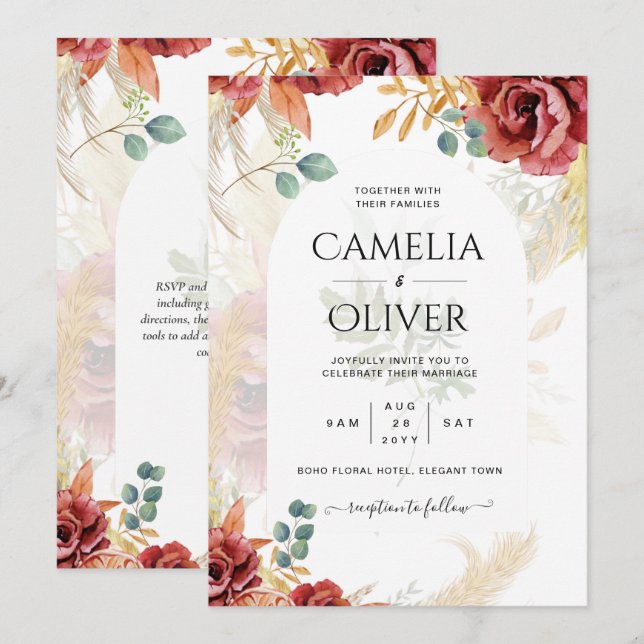SALE! Boho Burgundy Gold Floral Country Barn Farm Invitation (Front/Back)