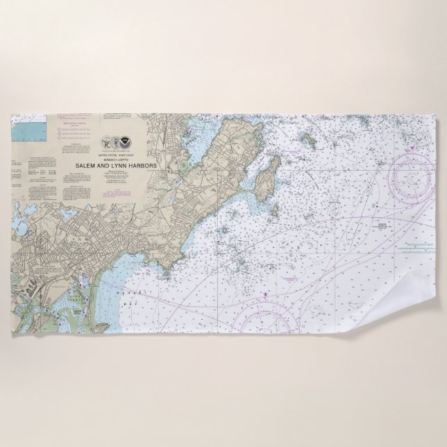 Salem and Lynn Harbours Nautical Chart 13275 Beach Towel (Front)