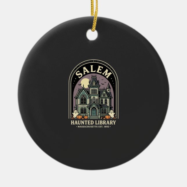 Salem Haunted Library Halloween Design_1 Ceramic Tree Decoration (Front)