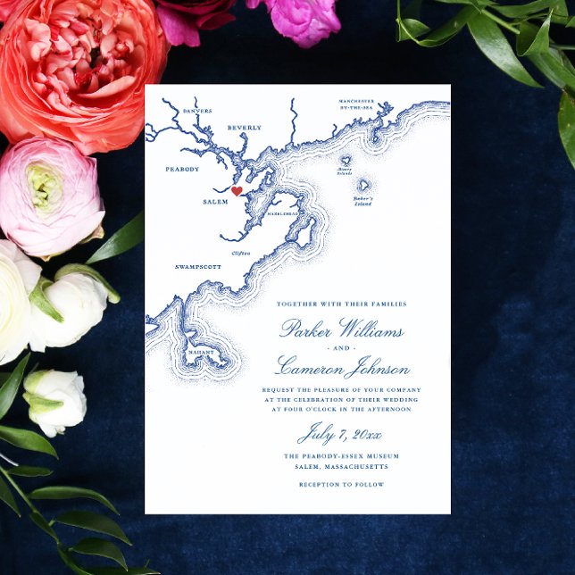 Salem MA North Shore Map Elegant Navy Wedding Invitation (Salem MA Map Wedding invitation in elegant navy blue for a Peabody Essex Museum wedding)