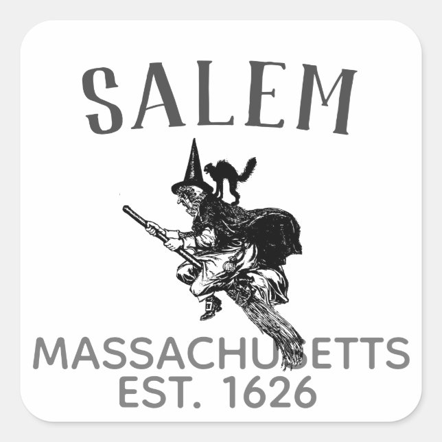 Salem Massachusetts witch on broom with cat Square Sticker (Front)