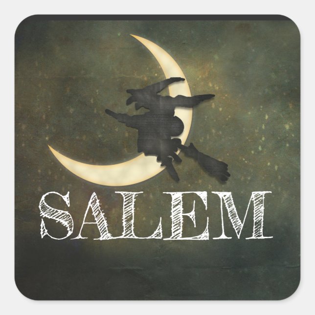 Salem Massachusetts Witch Over Moon Halloween Square Sticker (Front)