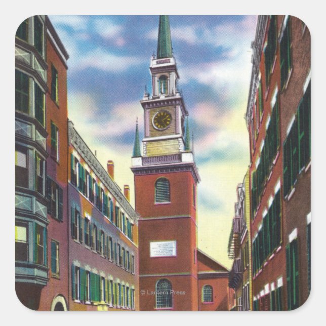 Salem Street View of Old North Church Bldg Square Sticker (Front)