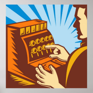 sales clerk with cash register wpa style poster