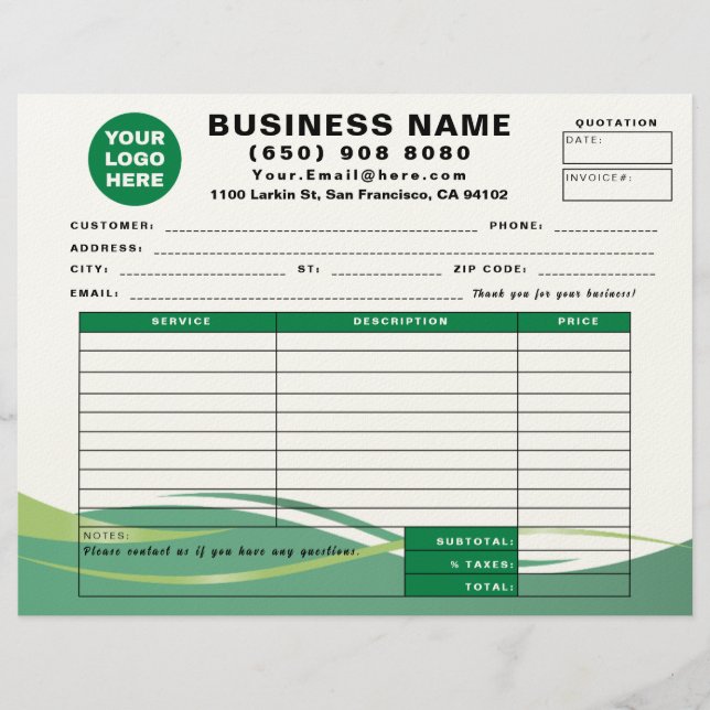 Sales Receipt Quotation Invoice Service Form Custom Letterhead (Front)