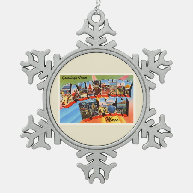 Salisbury Beach Massachusetts MA Travel Souvenir Snowflake Pewter Christmas Ornament (Front)