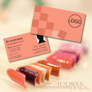 Salmon and Coral Chequered with Logo & Photo Chic Business Card