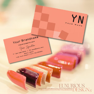 Salmon and Coral Chequered with Monogram Modern Business Card