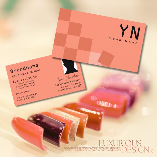 Salmon and Coral Chequered with Monogram & Photo Business Card (Creator Uploaded)