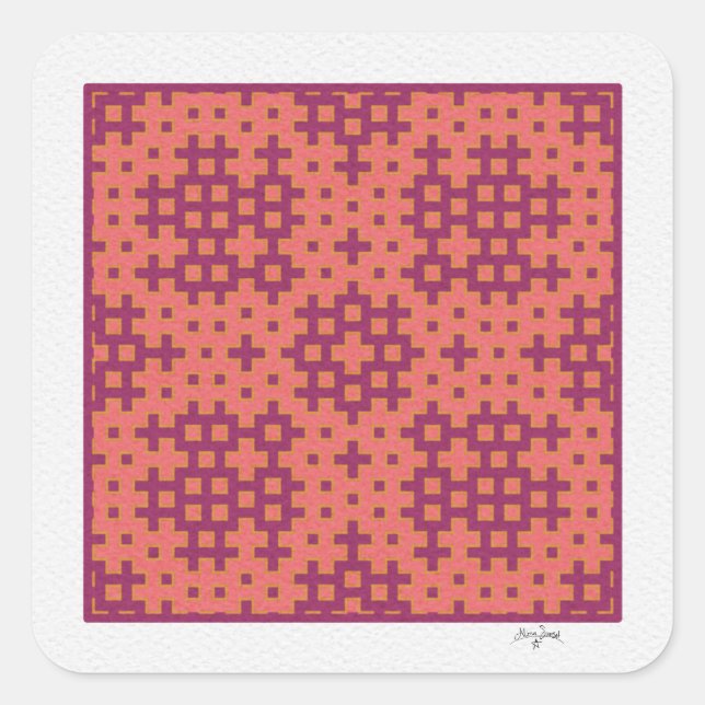 salmon and fuchsia Hitomezashi geometric tile Square Sticker (Front)