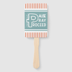 salmon and misty blue Pause Pray Proceed Christian Hand Fan