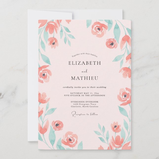 Salmon Aqua Foliage Eucalyptus Wedding Invitation (Front)